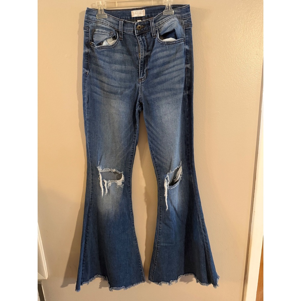 Altar'd State Distressed High Rise Flare Jeans Medium Wash Raw Hem 7/28